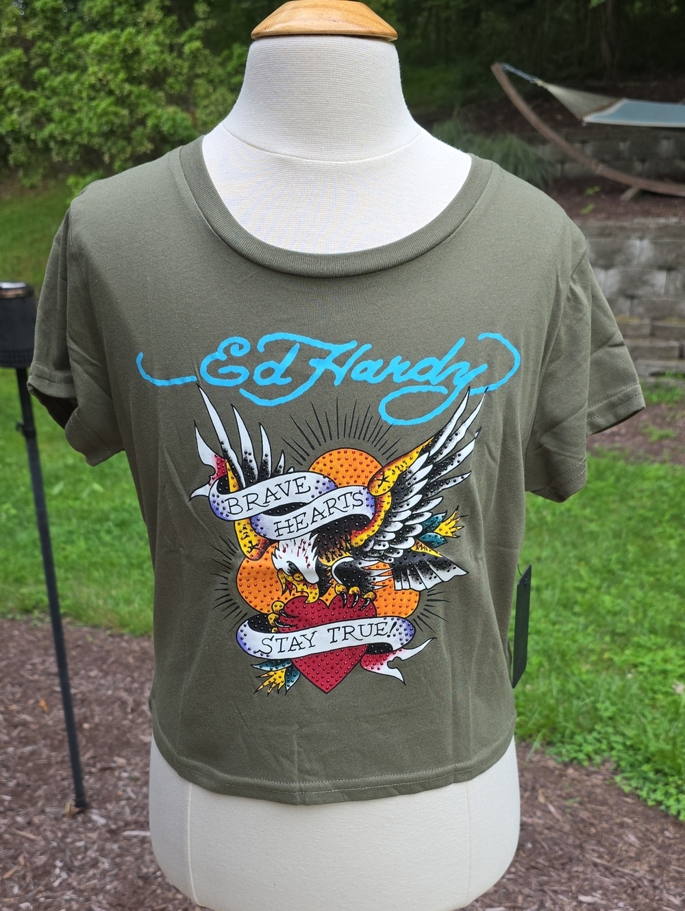 Ed Hardy Short Sleeve Beaded Graphic Crop Tee
